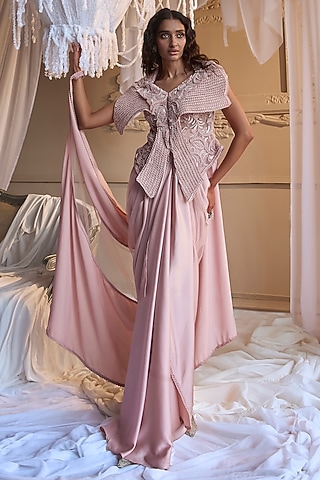 Baby Pink Satin Draped Skirt Set by Kamaali Couture