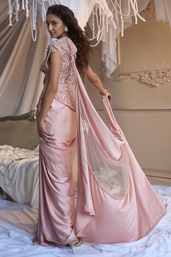 Baby Pink Satin Draped Skirt Set by Kamaali Couture at Pernia's Pop Up Shop