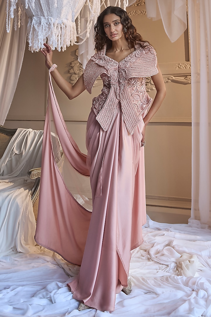 Baby Pink Satin Draped Skirt Set by Kamaali Couture at Pernia's Pop Up Shop