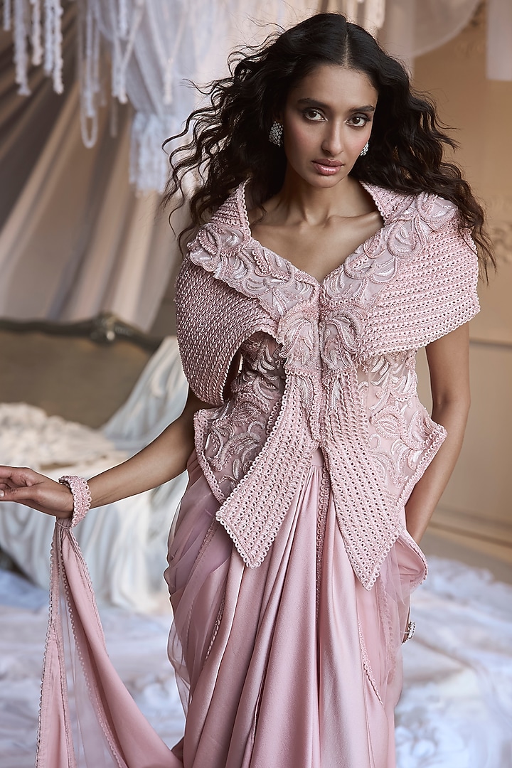 Baby Pink Satin Draped Skirt Set by Kamaali Couture at Pernia's Pop Up Shop