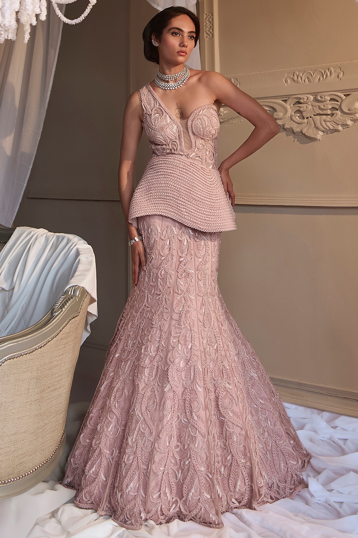 Kamaali Couture Baby Pink Tulle Embroidered Lehenga Set