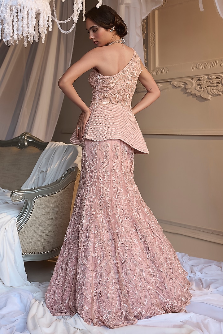 Baby Pink Tulle Embroidered Bridal Lehenga Set by Kamaali Couture at Pernia's Pop Up Shop