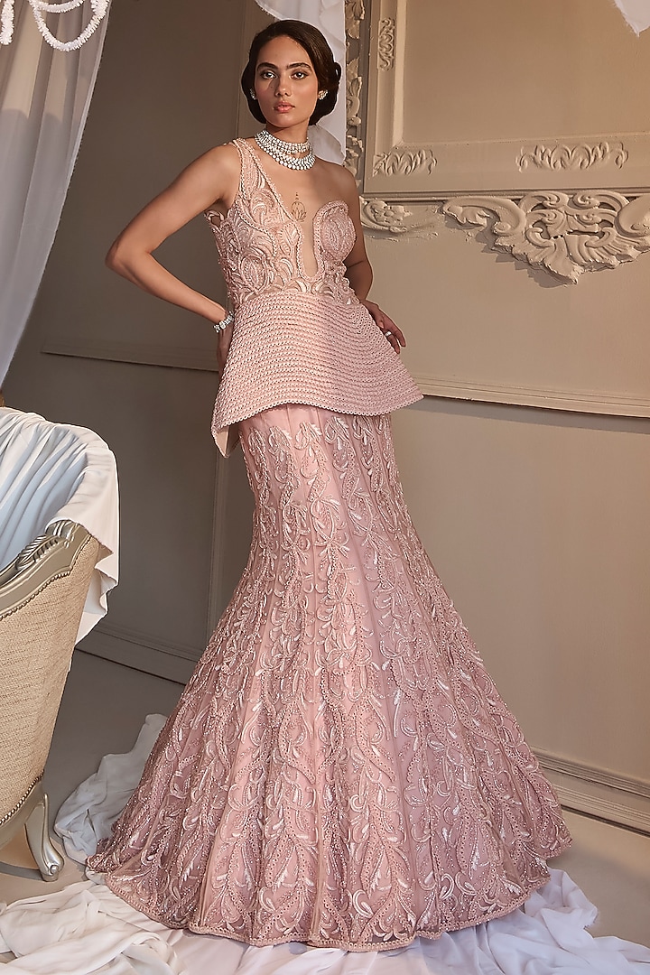 Baby Pink Tulle Embroidered Bridal Lehenga Set by Kamaali Couture at Pernia's Pop Up Shop