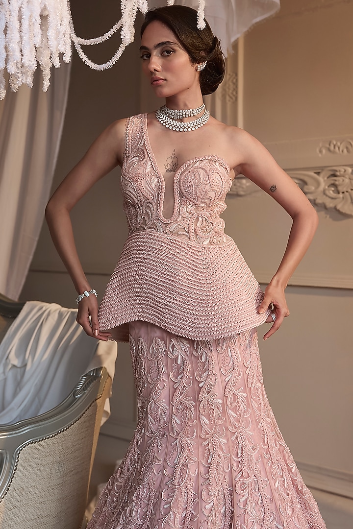 Baby Pink Tulle Embroidered Bridal Lehenga Set by Kamaali Couture at Pernia's Pop Up Shop