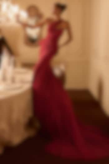 Red Satin Trail Skirt Set by Kamaali Couture at Pernia's Pop Up Shop