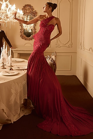Red Satin Trail Skirt Set by Kamaali Couture