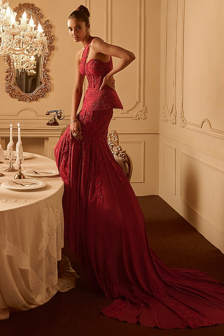 Red Satin Trail Skirt Set by Kamaali Couture at Pernia's Pop Up Shop