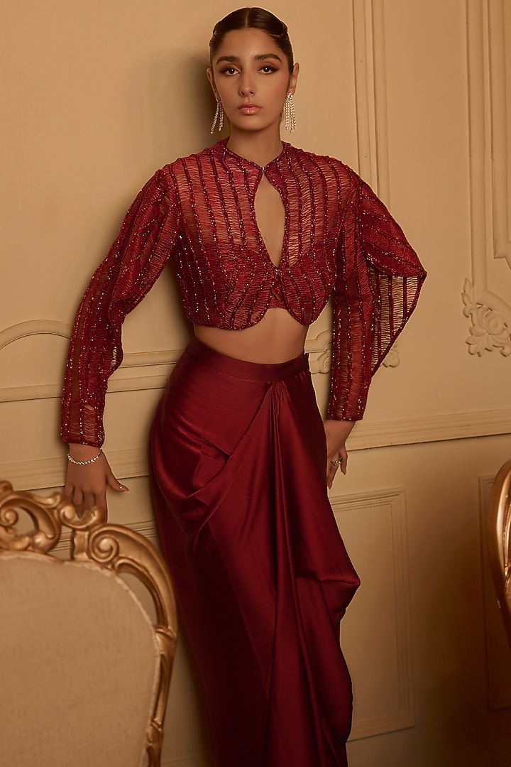 Red Satin Draped Skirt Set by Kamaali Couture at Pernia's Pop Up Shop