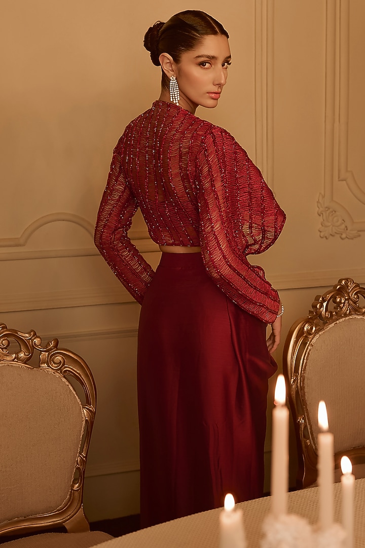 Red Satin Draped Skirt Set by Kamaali Couture at Pernia's Pop Up Shop