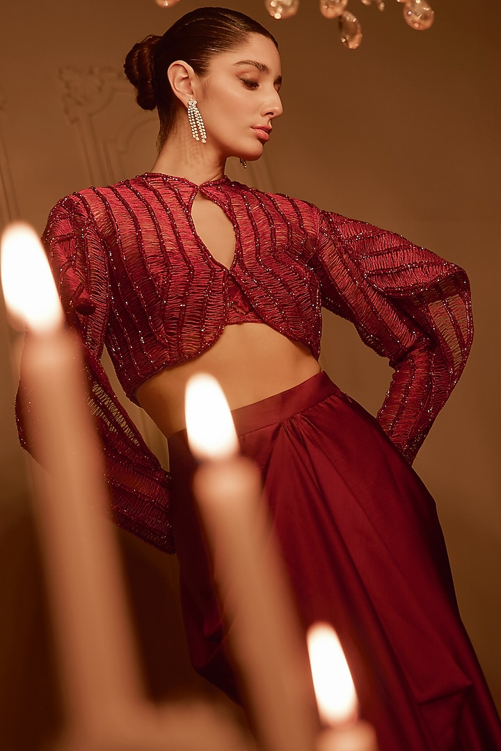 Red Satin Draped Skirt Set by Kamaali Couture at Pernia's Pop Up Shop