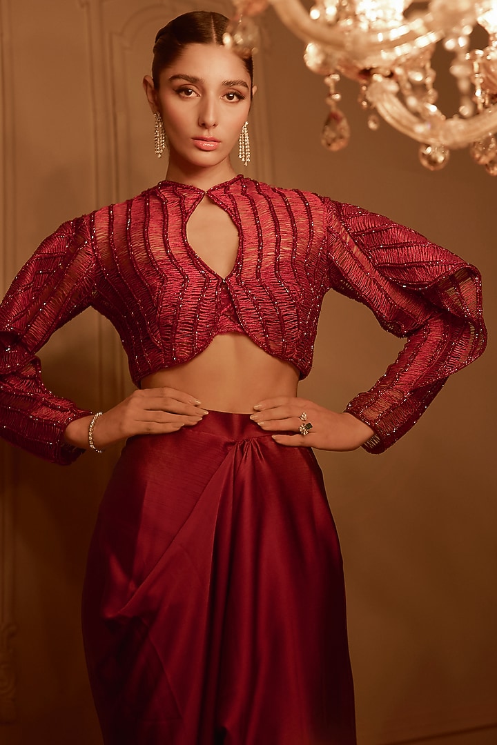 Red Satin Draped Skirt Set by Kamaali Couture at Pernia's Pop Up Shop