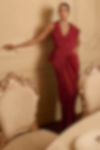 Red Satin Draped Skirt Set by Kamaali Couture at Pernia's Pop Up Shop