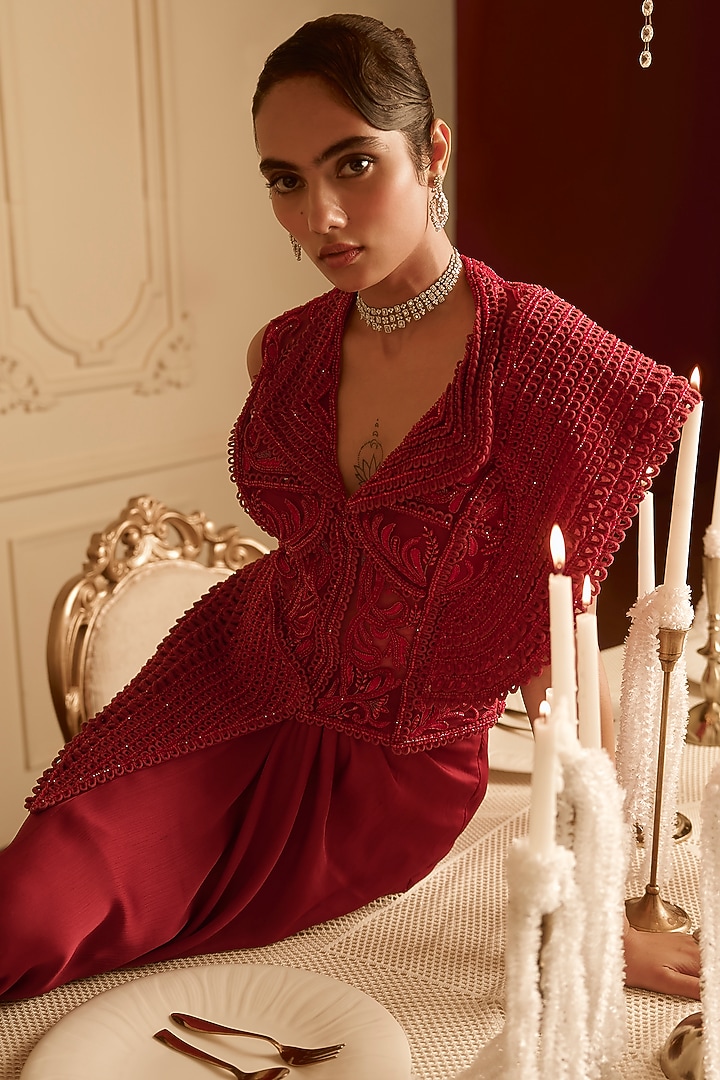 Red Satin Draped Skirt Set by Kamaali Couture at Pernia's Pop Up Shop
