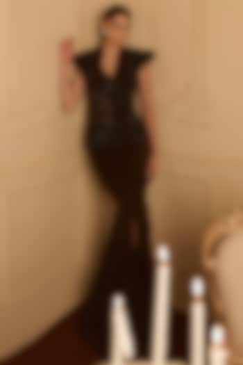 Black Satin Embellished Pant Set by Kamaali Couture at Pernia's Pop Up Shop