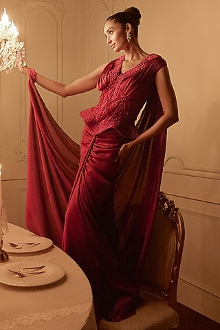 Red Satin Draped Skirt Set by Kamaali Couture