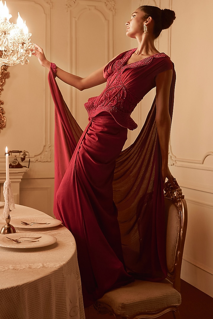 Red Satin Draped Skirt Set by Kamaali Couture at Pernia's Pop Up Shop