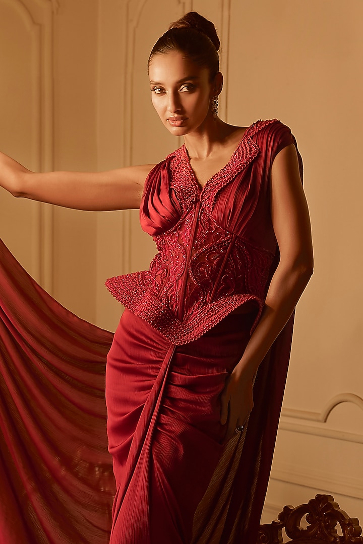 Red Satin Draped Skirt Set by Kamaali Couture at Pernia's Pop Up Shop