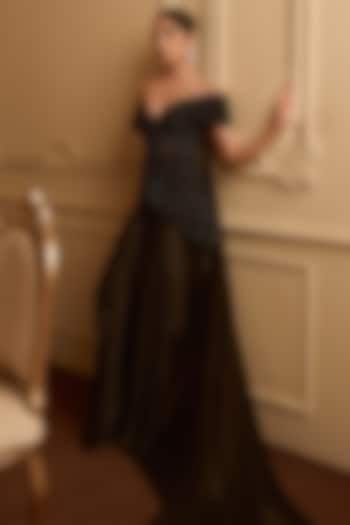 Black Satin Draped Skirt Set by Kamaali Couture at Pernia's Pop Up Shop