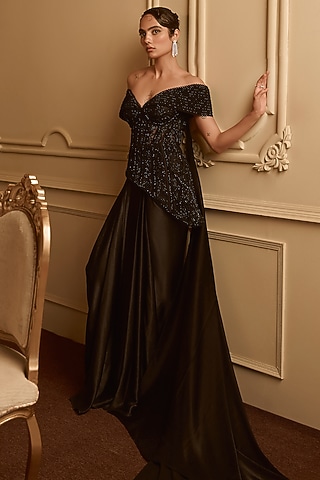 Black Satin Draped Skirt Set by Kamaali Couture