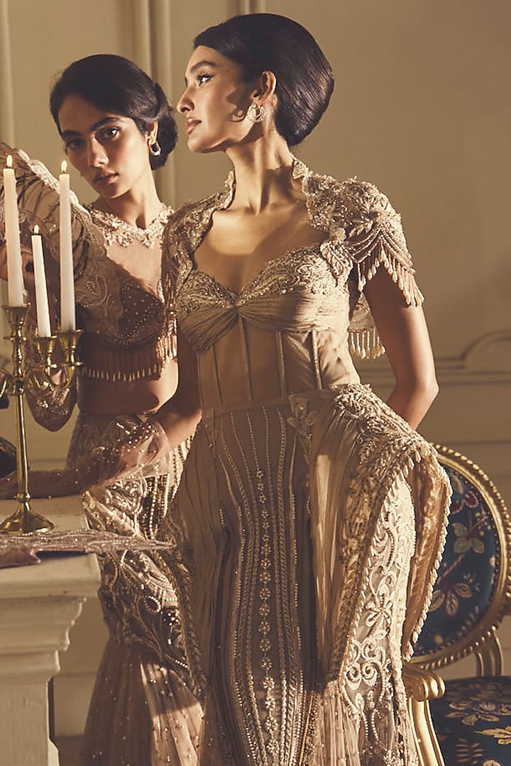 Beige Gold Tulle Embellished Bridal Gown by Kamaali Couture at Pernia's Pop Up Shop