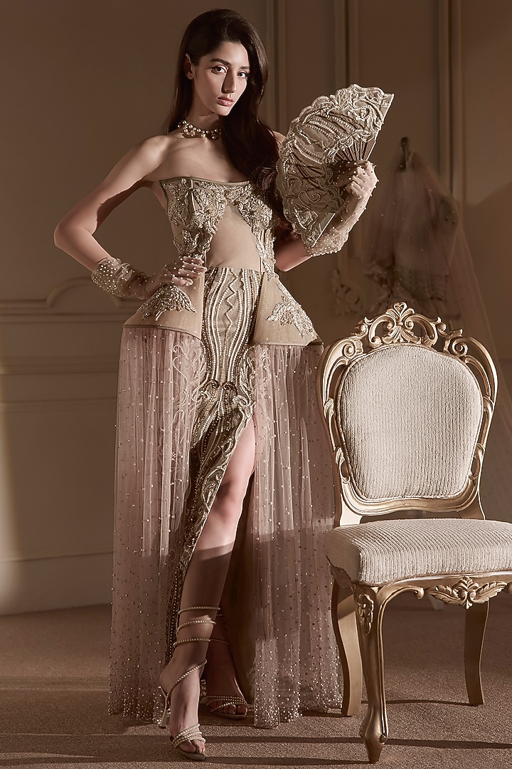 Beige Gold Tulle Embellished Strapless 'Wedding Gown by Kamaali Couture at Pernia's Pop Up Shop