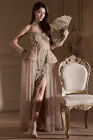 Beige Gold Tulle Embellished Strapless 'Gown by Kamaali Couture