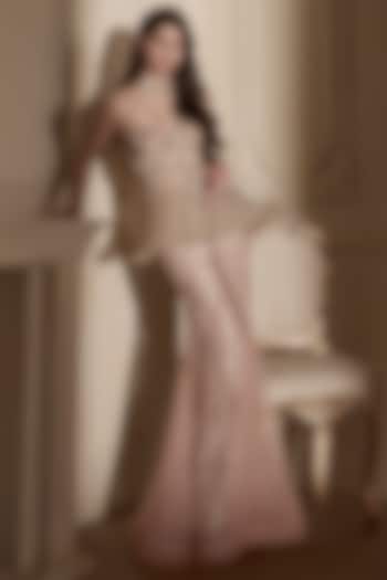 Beige Gold Satin Embroidered Draped Skirt Set by Kamaali Couture at Pernia's Pop Up Shop