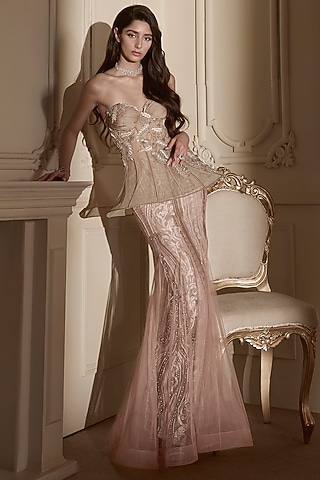 Beige Gold Satin Embroidered Draped Skirt Set by Kamaali Couture