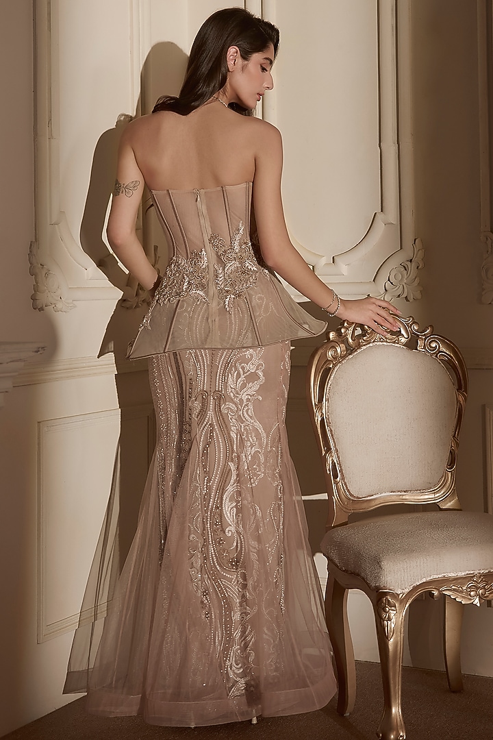 Beige Gold Satin Embroidered Draped Skirt Set by Kamaali Couture at Pernia's Pop Up Shop