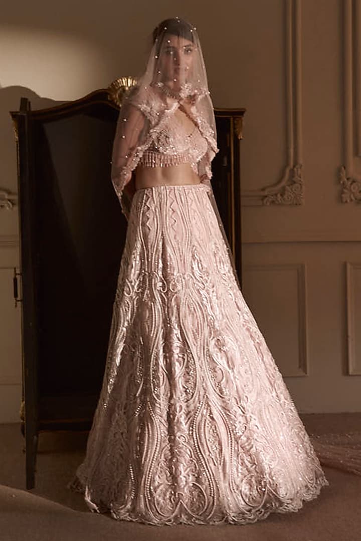 Baby Pink Tulle & Satin Embroidered Bridal Lehenga Set by Kamaali Couture at Pernia's Pop Up Shop