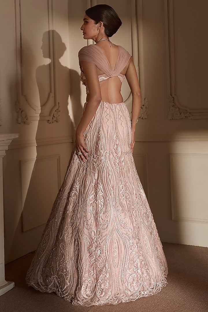 Baby Pink Tulle & Satin Embroidered Bridal Lehenga Set by Kamaali Couture at Pernia's Pop Up Shop