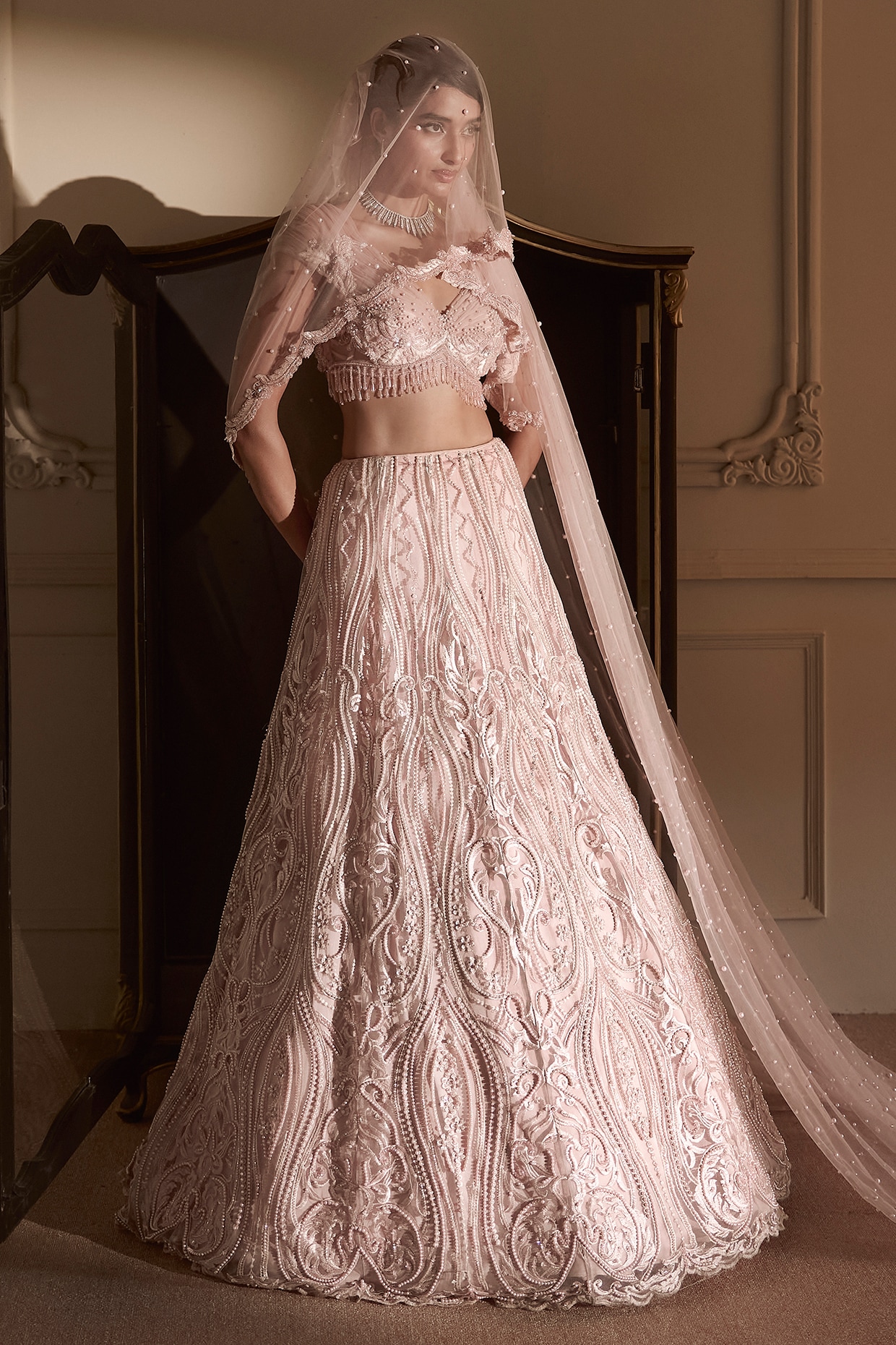 Kamaali Couture Baby Pink Tulle & Satin Embroidered Lehenga Set