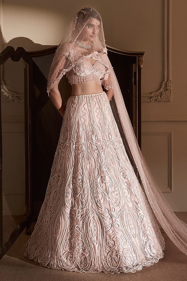 Baby Pink Tulle & Satin Embroidered Bridal Lehenga Set by Kamaali Couture at Pernia's Pop Up Shop