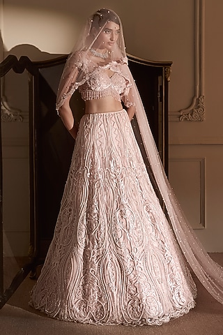 Baby Pink Tulle & Satin Embroidered Lehenga Set by Kamaali Couture