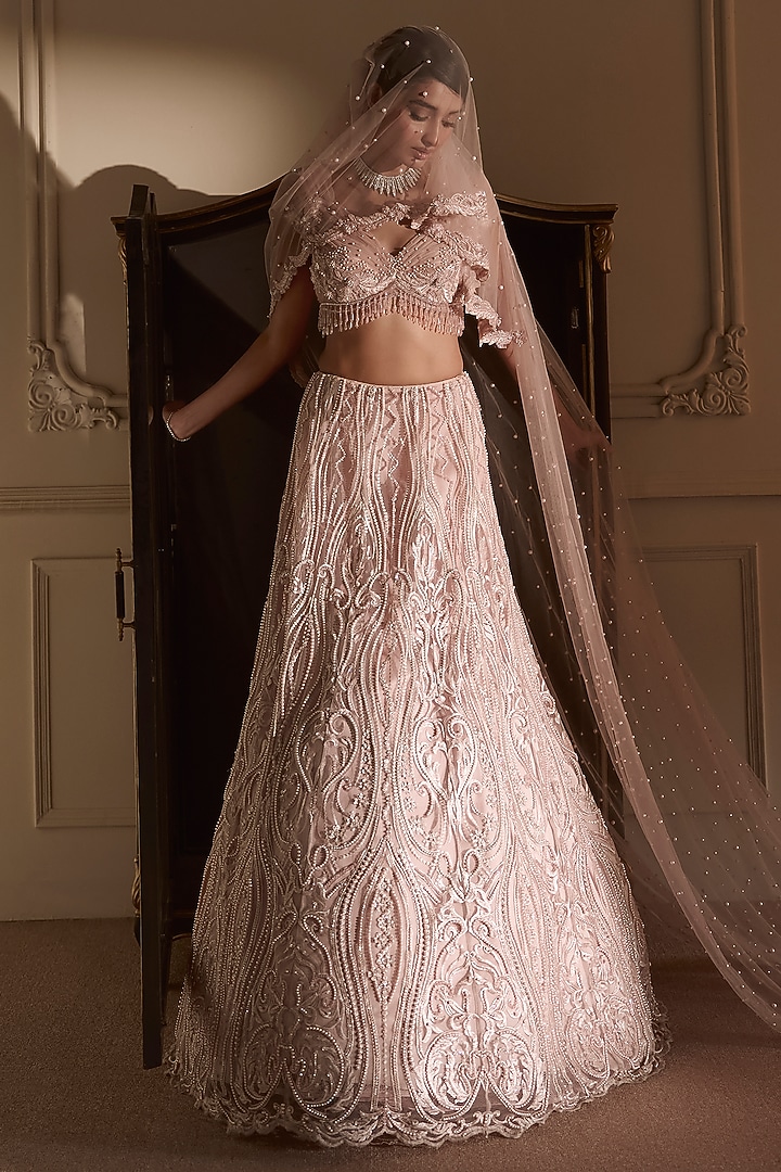 Baby Pink Tulle & Satin Embroidered Bridal Lehenga Set by Kamaali Couture at Pernia's Pop Up Shop