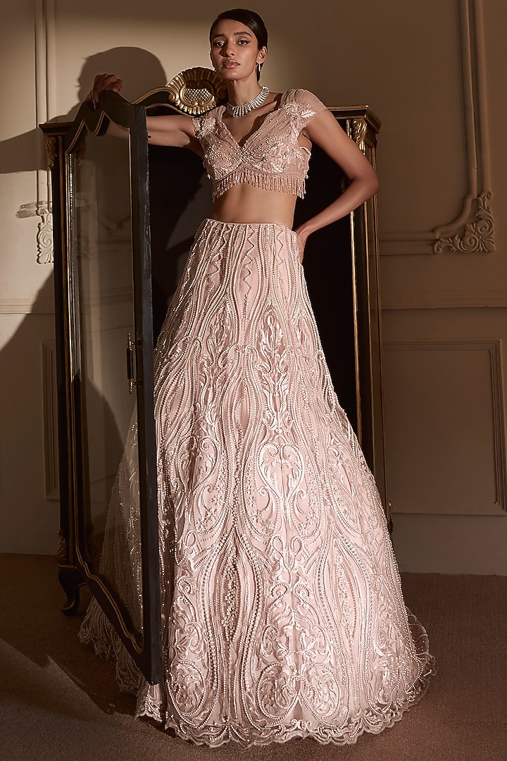 Baby Pink Tulle & Satin Embroidered Bridal Lehenga Set by Kamaali Couture at Pernia's Pop Up Shop