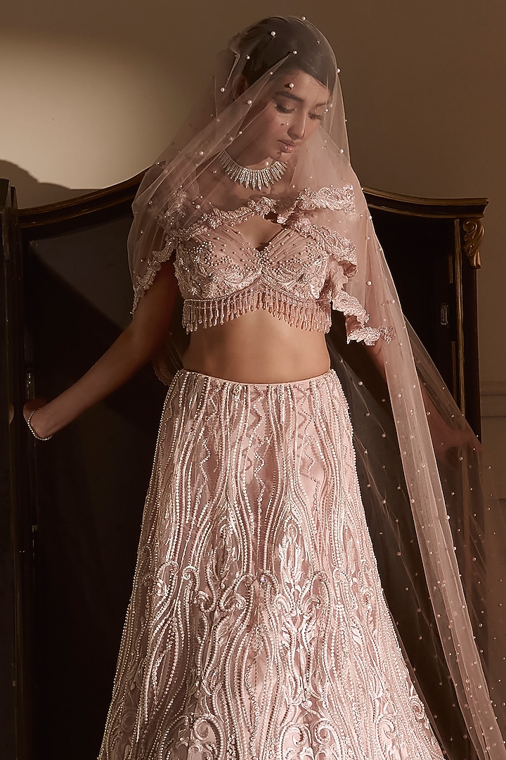 Baby Pink Tulle & Satin Embroidered Bridal Lehenga Set by Kamaali Couture at Pernia's Pop Up Shop