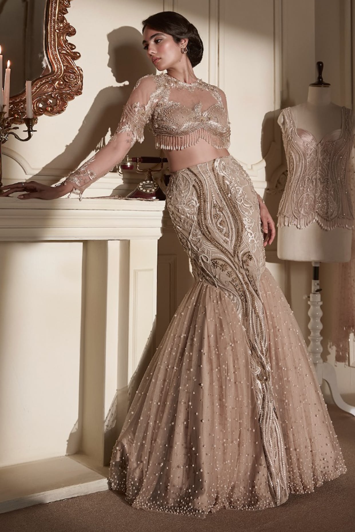 Kamaali Couture Beige Gold Tulle 3D Embellished Lehenga Set