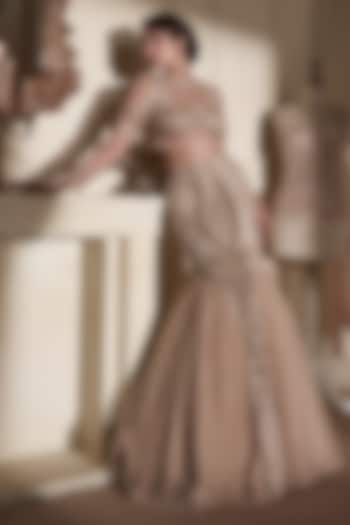 Beige Gold Tulle 3D Embellished Bridal Lehenga Set by Kamaali Couture at Pernia's Pop Up Shop