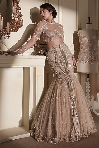 Beige Gold Tulle 3D Embellished Lehenga Set by Kamaali Couture
