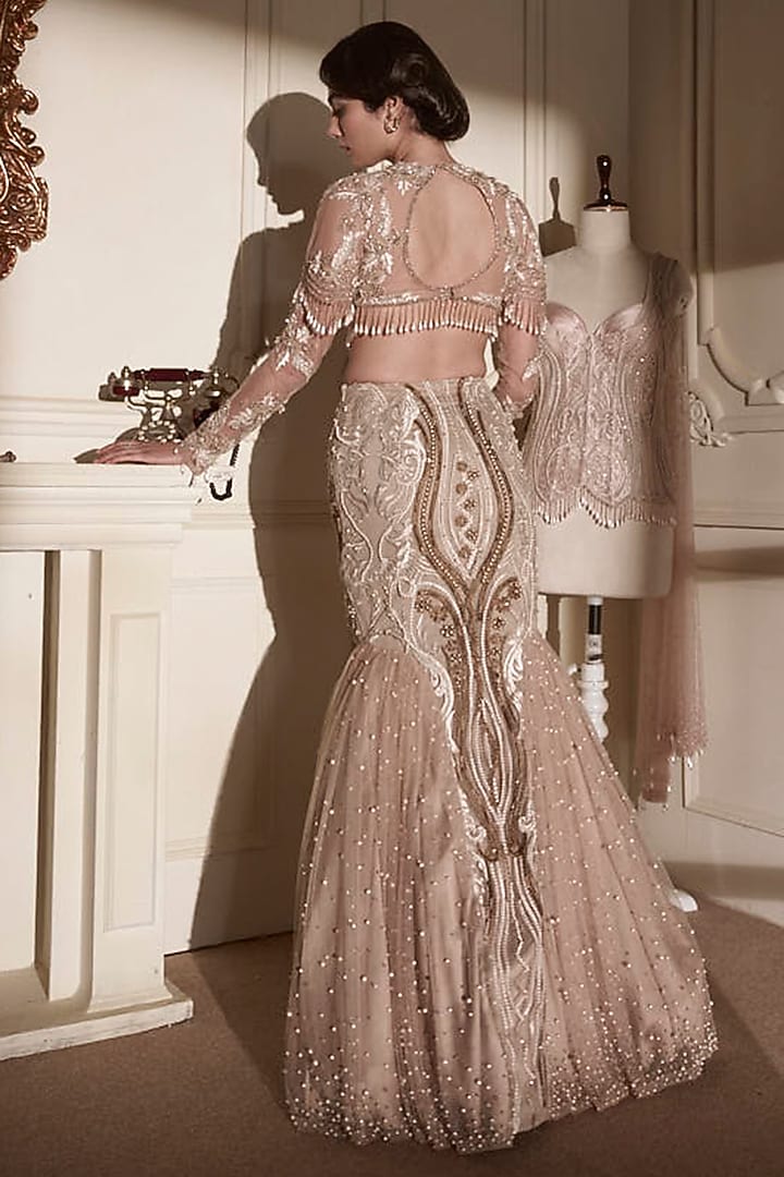 Beige Gold Tulle 3D Embellished Bridal Lehenga Set by Kamaali Couture at Pernia's Pop Up Shop