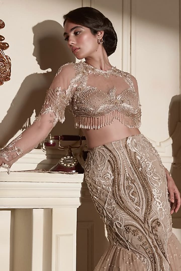 Beige Gold Tulle 3D Embellished Bridal Lehenga Set by Kamaali Couture at Pernia's Pop Up Shop
