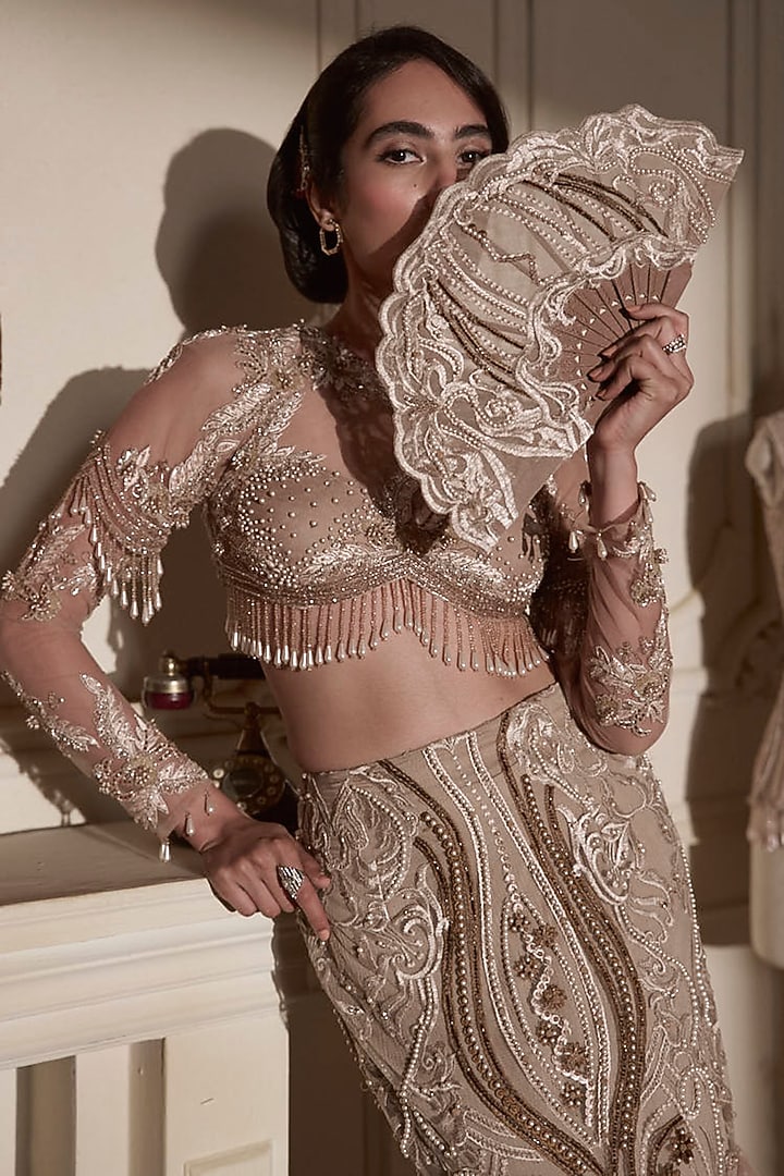 Beige Gold Tulle 3D Embellished Bridal Lehenga Set by Kamaali Couture at Pernia's Pop Up Shop