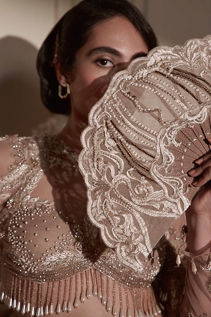 Beige Gold Tulle 3D Embellished Bridal Lehenga Set by Kamaali Couture at Pernia's Pop Up Shop