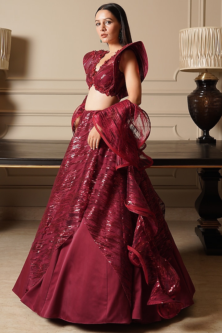 Red Hand Embroidered Lehenga Set by Kamaali Couture