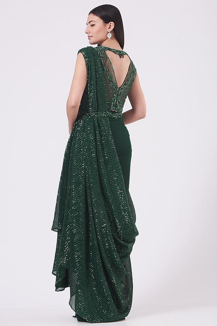 Emerald Green Embroidered Draped Wedding Saree Set by Kamaali Couture at Pernia's Pop Up Shop