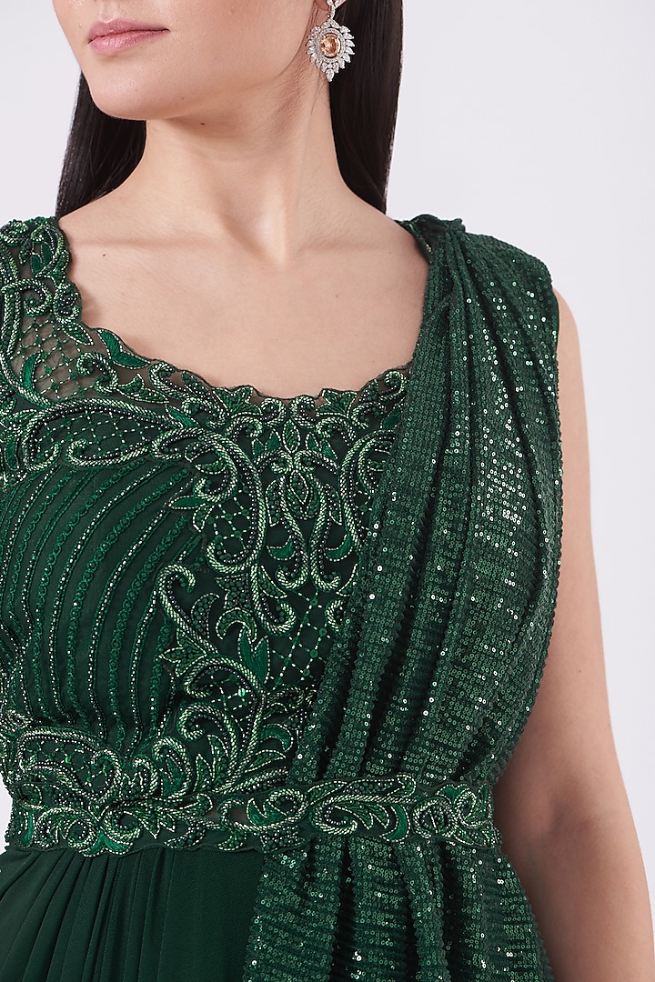 Emerald Green Embroidered Draped Wedding Saree Set by Kamaali Couture at Pernia's Pop Up Shop
