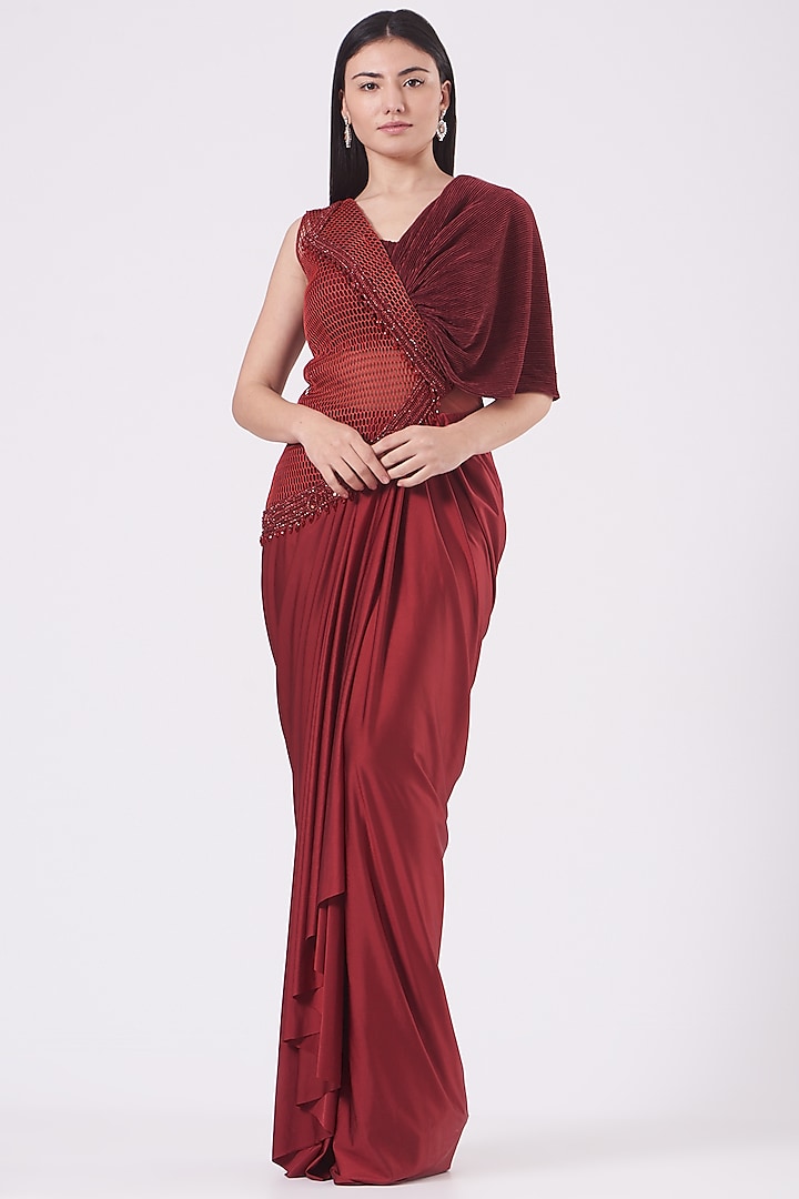 Maroon Embroidered Saree Gown by Kamaali Couture