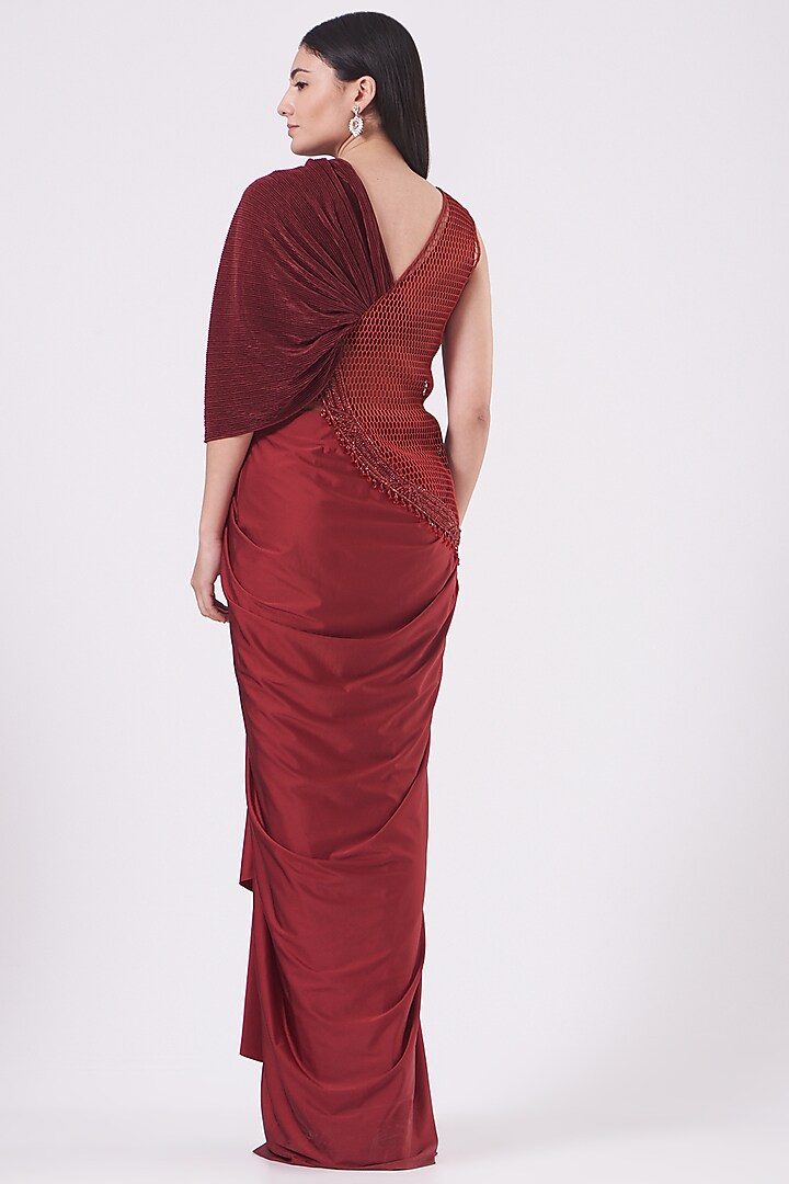 Maroon Embroidered Wedding Saree Gown by Kamaali Couture at Pernia's Pop Up Shop