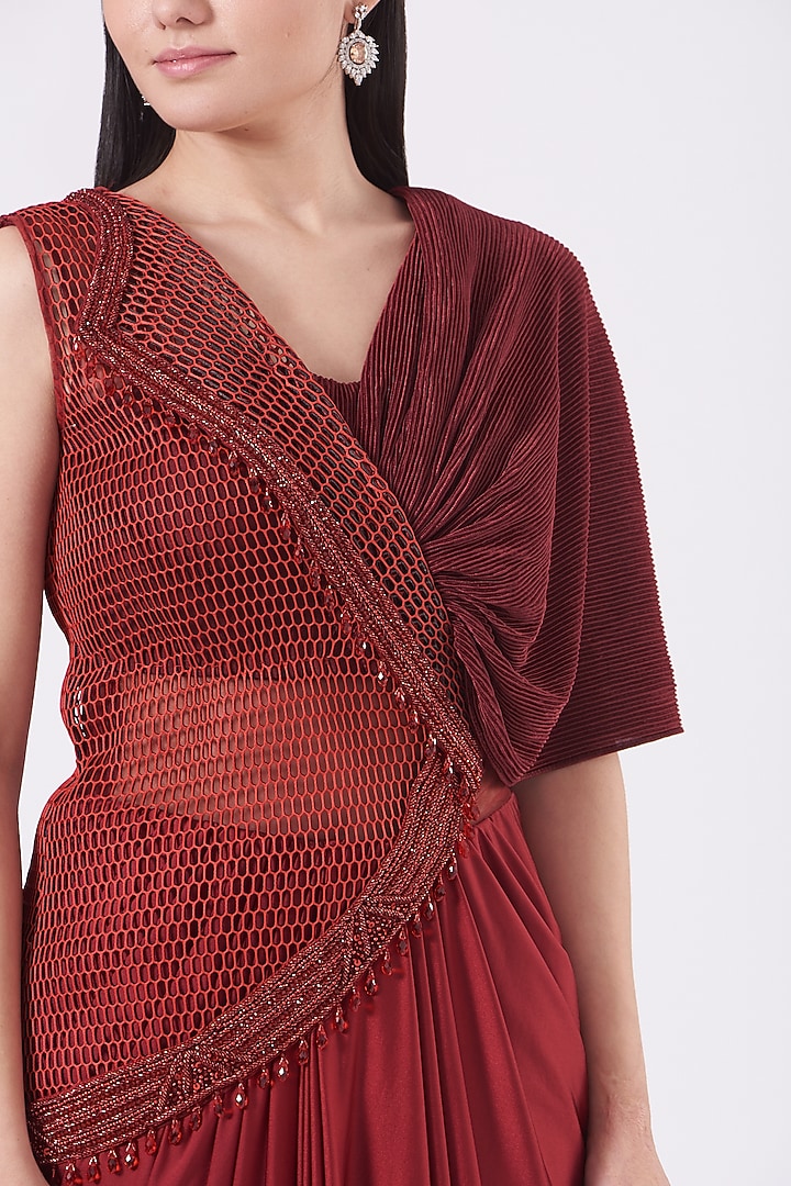 Maroon Embroidered Wedding Saree Gown by Kamaali Couture at Pernia's Pop Up Shop